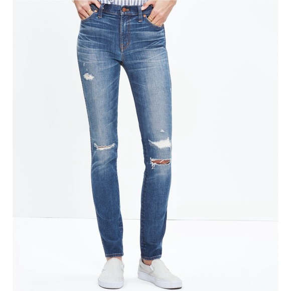 Madewell 9" High Rise Skinny Jeans Distressed Frayed Hem Blue Wash Size 27 - Picture 1 of 9